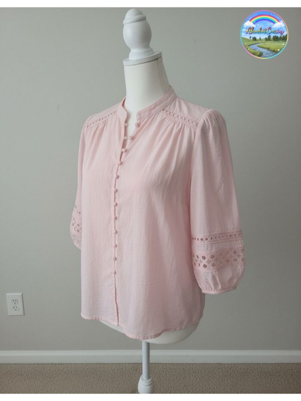 Women's Cotton Eyelet Puff Sleeve Mandarin Collar Button Down Blouse
